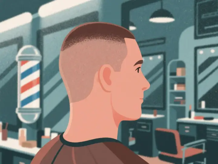 Mężczyzna z modnym buzzcutem w salonie fryzjerskim. W tle barber pole i lustra.