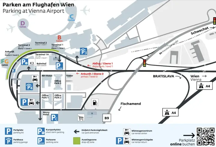 Mapa lotniska w Wiedniu z oznaczeniami parkingów, terminali i dróg. W weekend wiedeński parkowanie jest łatwe dzięki tej mapie.