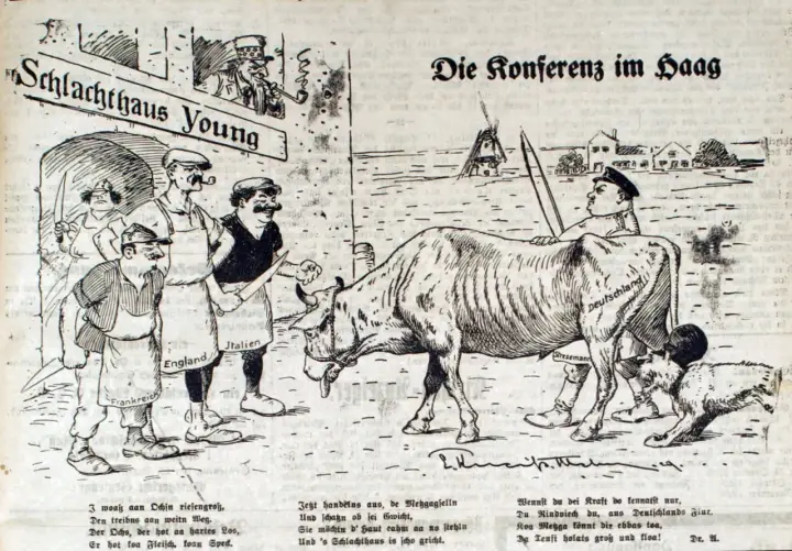 Karikatur: "Schlachthaus Young" zeigt Deutschland als Rind, das von Stresemann und anderen Nationen bedrängt wird. Ein junger Plan zur Konferenz in Den Haag.