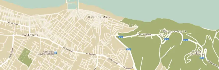 Cartina di Gabicce Mare e Cattolica, con strade, verde e il mare. Si vedono Gabicce Monte e Vigna del Mare.