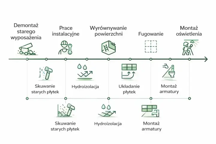 Schemat przebudowy starego domu: demontaż, instalacje, wyrównanie, fugowanie, montaż płytek, armatury i oświetlenia.