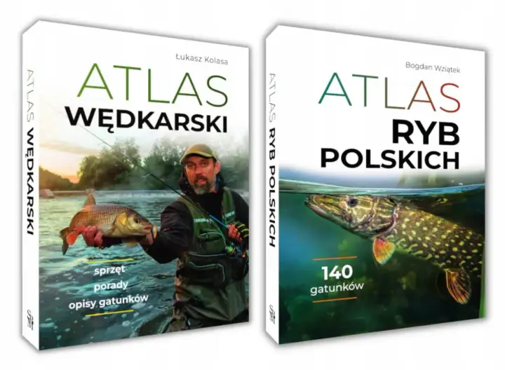 Dwie okładki atlasów wędkarskich: "Atlas Wędkarski" z wędkarzem i rybą oraz "Atlas Ryb Polskich" z pięknym szczupakiem, prezentujące różne rodzaje ryb.