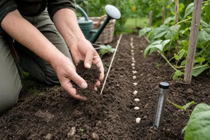 Mains tenant de la terre pour semer des haricots verts, suivant la tradition de semer avec la lune. Un thermomètre de sol est planté à proximité.