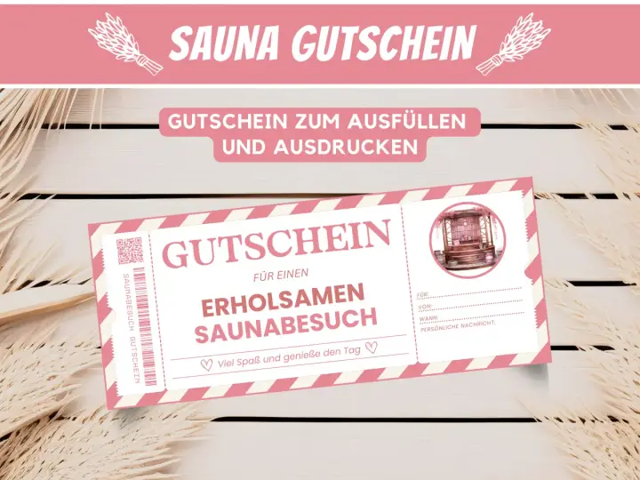 Ein Gutschein für einen erholsamen Saunabesuch mit Illustration einer Sauna.