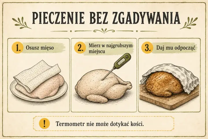 Instrukcja pieczenia kurczaka: osusz mięso, zmierz temperaturę w najgrubszym miejscu, daj mu odpocząć. Termometr nie może dotykać kości.
