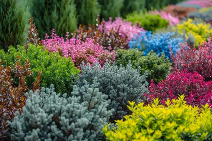 Un parterre coloré de divers arbustes persistants en plein soleil, allant du vert vif au bleu, rose, jaune et rouge.