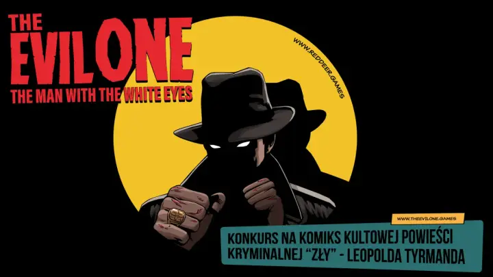 Konkurs na komiks na podstawie kultowej powieści kryminalnej "Zły" Leopolda Tyrmanda. Postać z białymi oczami w kapeluszu.