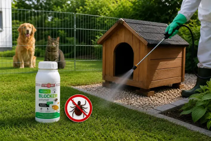 Skuteczne domowe sposoby na kleszcze u psa: oprysk budy i trawnika preparatem Insect Blocker. Pies i kot obserwują z bezpiecznej odległości.