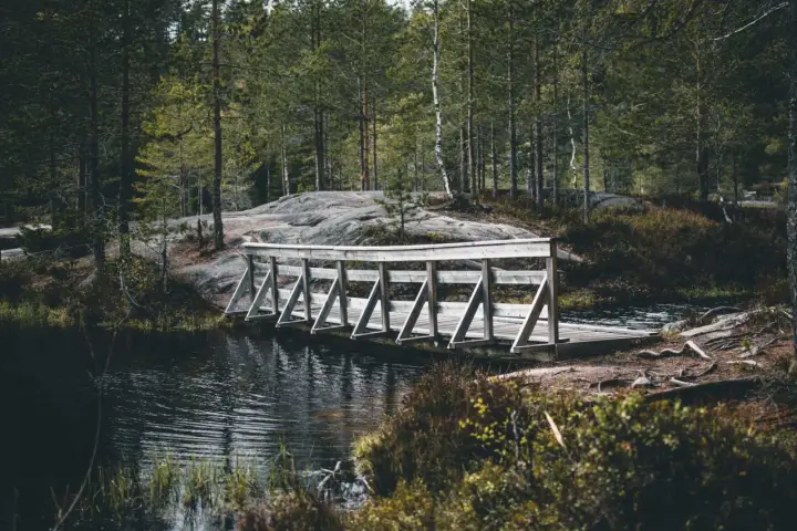 Drewniany mostek nad ciemną wodą, otoczony lasem i skałami. Piękny krajobraz w okolicach Drammen, Norwegia.