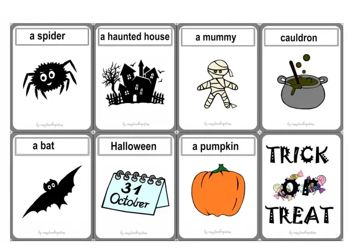 Karty z obrazkami: pająk, nawiedzony dom, mumia, kociołek, nietoperz, kalendarz z datą 31 października, dynia i napis "Trick or Treat". Idealne do nauki halloween słówka po angielsku.