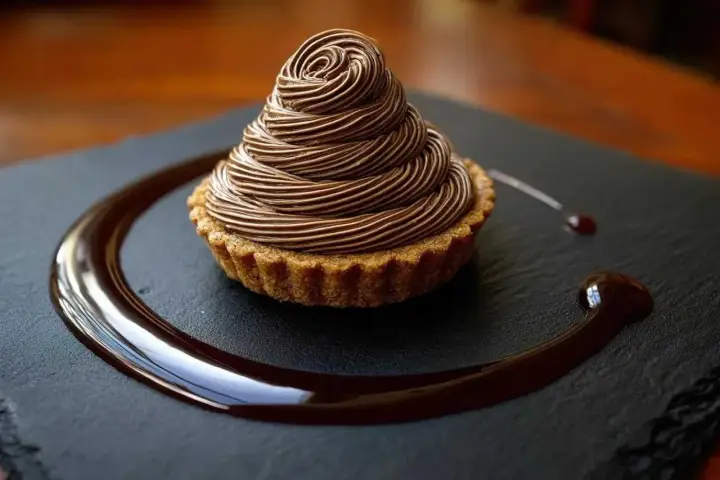 Délicieux Mont Blanc au chocolat, une recette gourmande à essayer. La crème onctueuse forme un cône parfait sur la tartelette.
