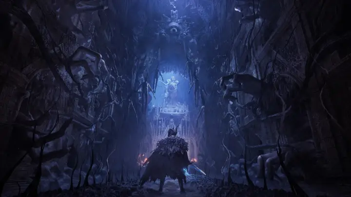 Mroczna, gotycka sceneria z gry Lords of the Fallen. Postać w płaszczu z piór stoi przed ołtarzem, otoczona przez wiszące, groteskowe istoty i gigantyczne oczy.