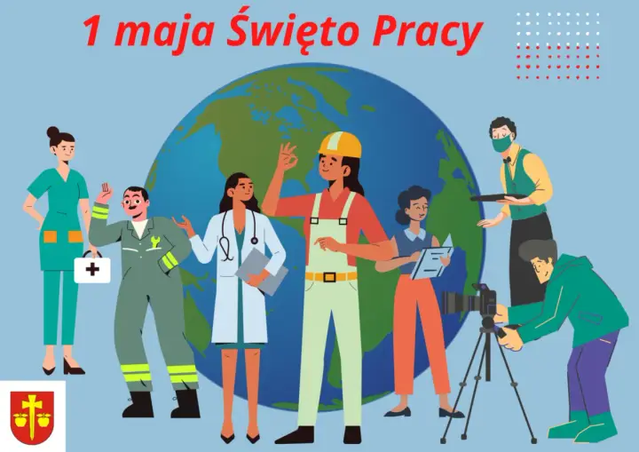 1 maja Święto Pracy. Ludzie różnych zawodów, od pielęgniarki po operatora kamery, stoją przed globusem, celebrując dzień pracy.