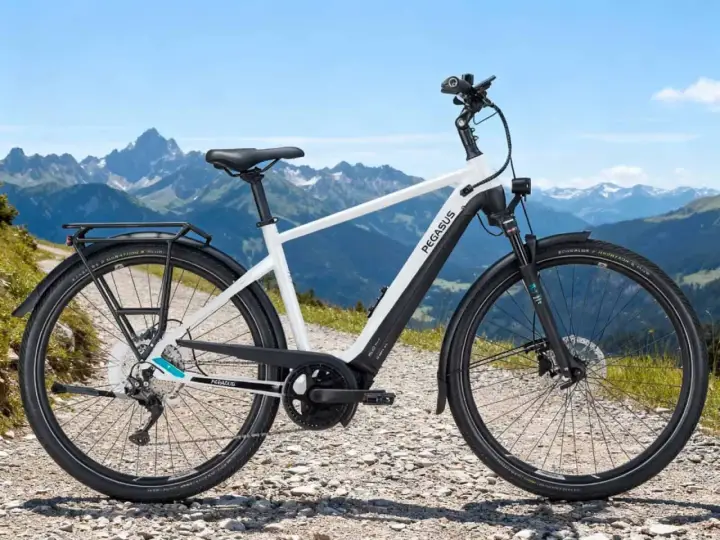 Ein weißes Pegasus E-Bike mit Gepäckträger steht auf einem Schotterweg vor einer Bergkulisse. Perfekt, um das E-Bike zu testen.
