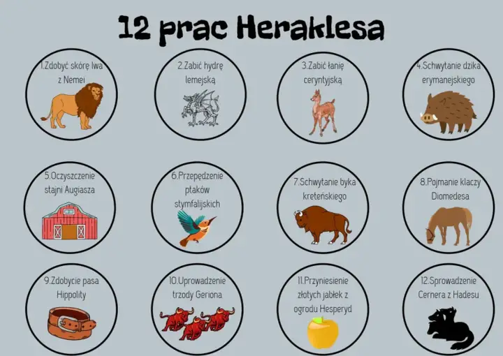 Ilustracja przedstawia 12 prac Heraklesa: lwa, hydrę, łanię, dzika, stajnię, ptaki, byka, klacze, pas, trzodę, jabłka i Cerbera.