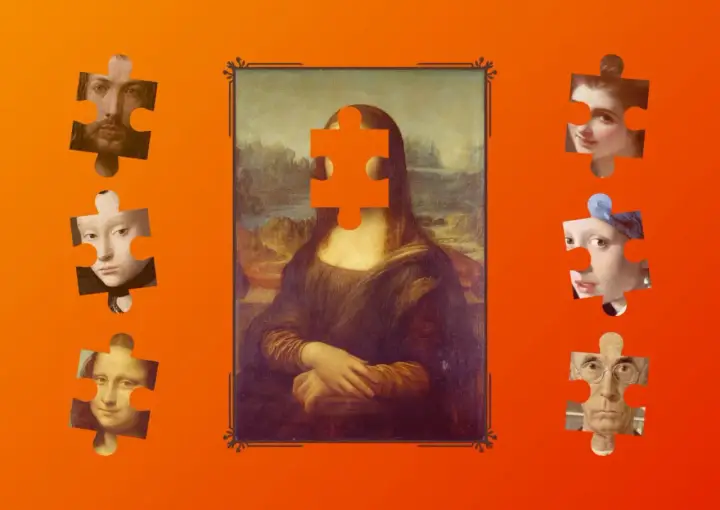 Mona Lisa z brakującym elementem twarzy, otoczona fragmentami innych obrazów. Czy to samospełniająca się przepowiednia sztuki?