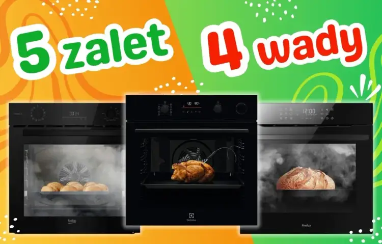 Piekarnik parowy opinie: zobacz 5 zalet i 4 wady. Na zdjęciu piekarniki z pieczonym kurczakiem, chlebem i bułkami.