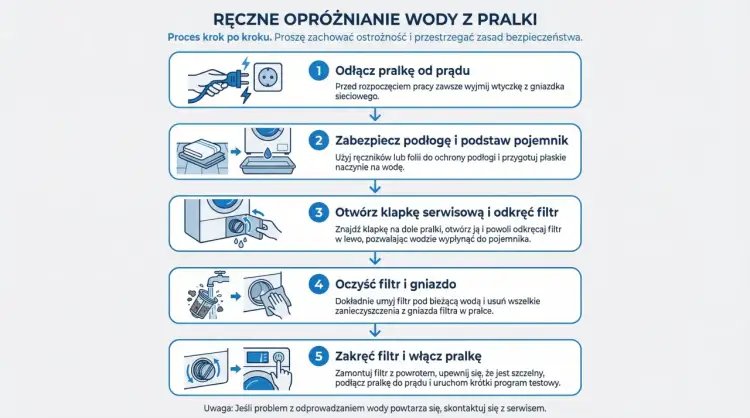 Instrukcja krok po kroku: jak wypompować wodę z pralki. Odłącz prąd, zabezpiecz podłogę, otwórz klapkę, wyczyść filtr, zakręć i włącz pralkę.