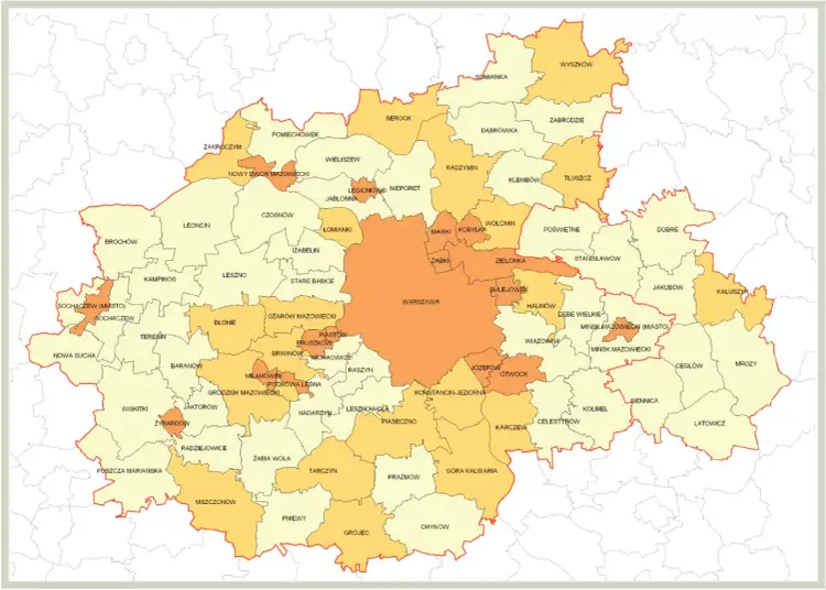 Plan zagospodarowania przestrzennego Warszawy i okolic, z zaznaczonymi gminami i ich granicami.