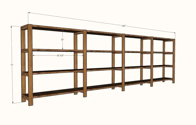 Projekt drewnianego regału do garażu: 72" wysokości, 240" długości, 20" głębokości półek.