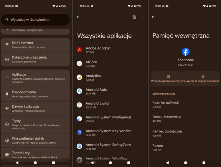 Ekran telefonu pokazuje, jak wyczyścić pamięć podręczną w telefonie. Widoczne są opcje "Wyczyść pamięć wewnętrzną" i "Wyczyść pamięć podręczną" dla aplikacji Facebook.