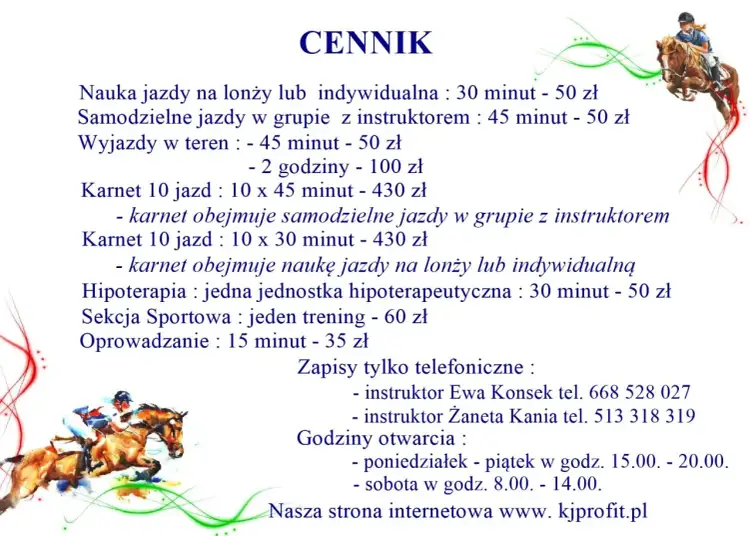Cennik usług jeździeckich w klubie jeździeckim Amigo. Nauka jazdy, hipoterapii, sekcja sportowa.