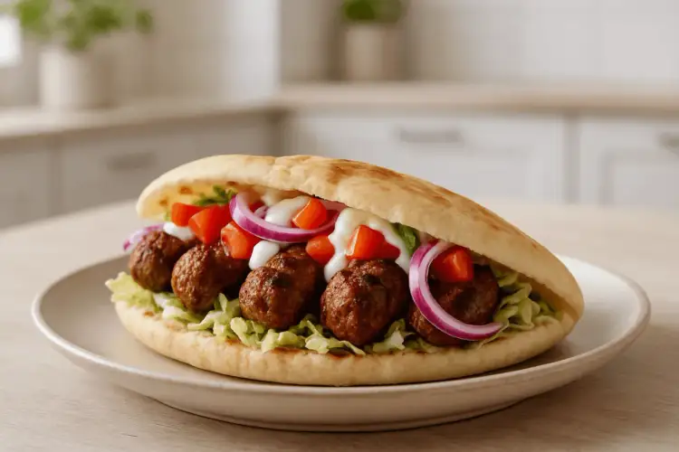 Pyszny kebab w picie z klopsikami, warzywami i sosem. Idealny na szybki posiłek.
