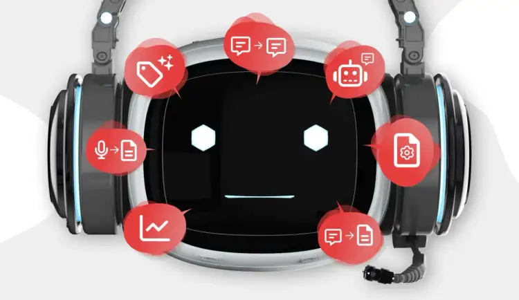 Robot z ikonami: tagi, czat, bot, dokumenty, wykresy, transkrypcja mowy. Takie technologie AI wspierają dzisiaj handel i obsługę klienta.
