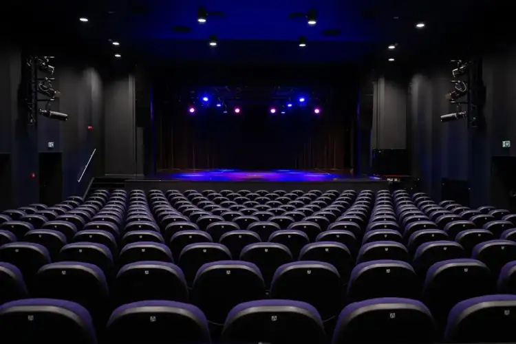 Puste rzędy foteli w ciemnej sali, gotowe na spektakl w Teatrze Muzycznym Praga. Niebieskie i różowe światła oświetlają scenę.