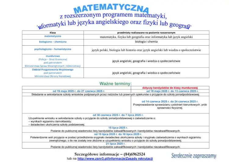 Tabela z kategoriami wiekowymi P Z J, przedmiotami i ważnymi terminami rekrutacji do klas mundurowych i ogólnodostępnych.