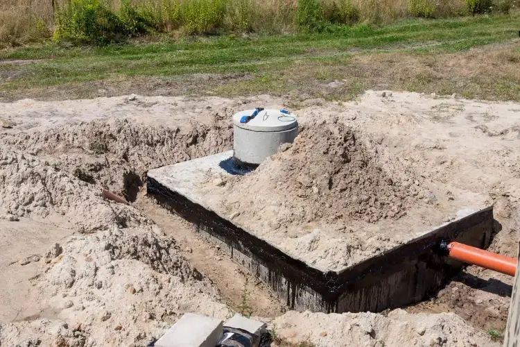 Betonowe szambo w wykopie, z widoczną izolacją i rurą odpływową.