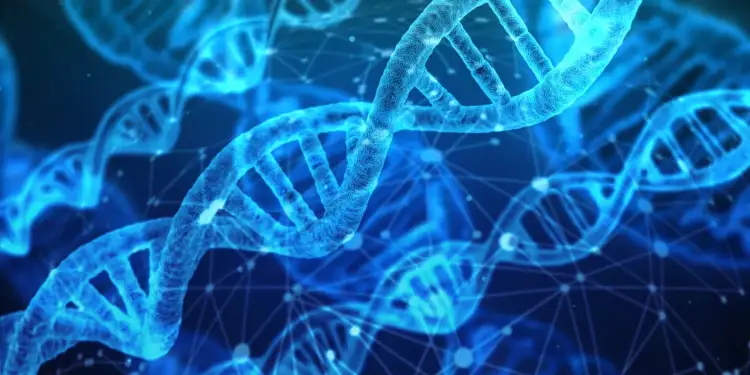 Niebieskie, świecące helisy DNA w tle sieci neuronowej. To wizualizacja, która może pomóc zrozumieć, czym jest scjentyzm.