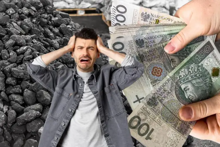 Zmartwiony mężczyzna na tle węgla i pieniędzy. Czy wiesz, do kiedy można palić węglem?