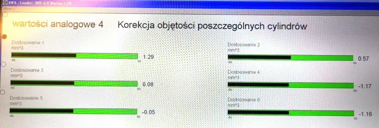 Ekran diagnostyczny pokazuje dopuszczalne korekty wtryskiwaczy dla każdego cylindra. Wartości wahają się od -1.17 do 1.29 mm^3.