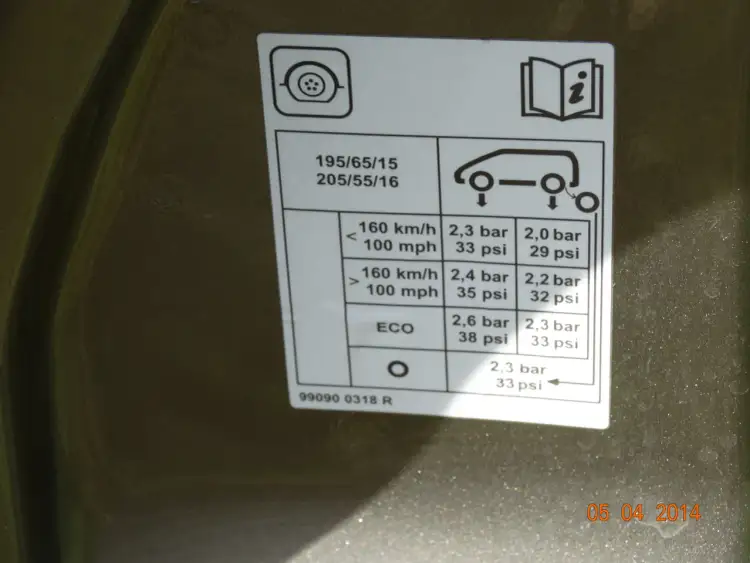 Naklejka informuje, jakie ciśnienie w oponach zimowych 195/65 R15 jest zalecane dla różnych obciążeń.
