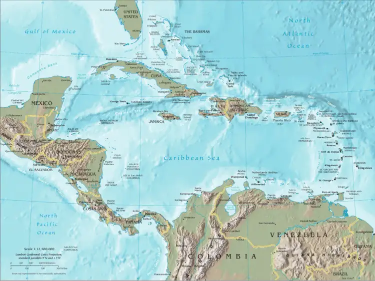 Mapa pokazuje, gdzie leży Morze Karaibskie, otoczone przez Kubę, Jamajkę, Haiti, Dominikanę, Portoryko, Małe Antyle, Amerykę Środkową i północną część Ameryki Południowej.