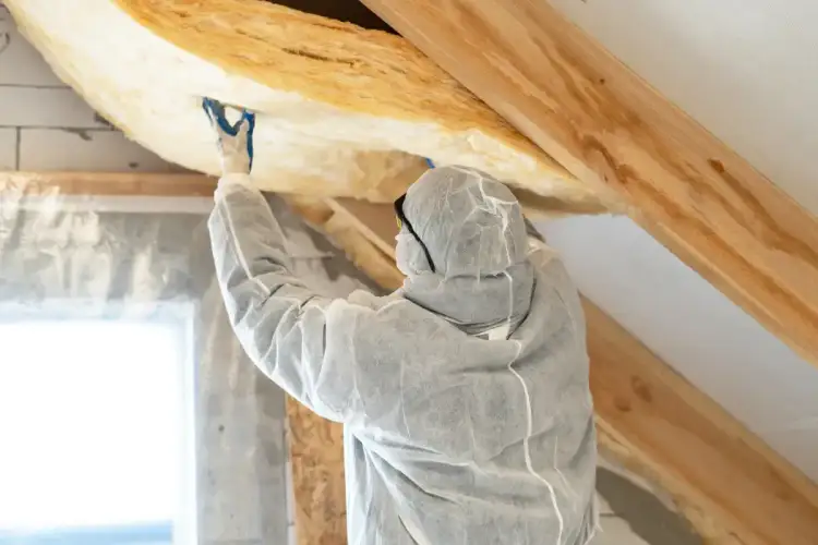Pracownik w kombinezonie izoluje poddasze nieużytkowe wełną mineralną.