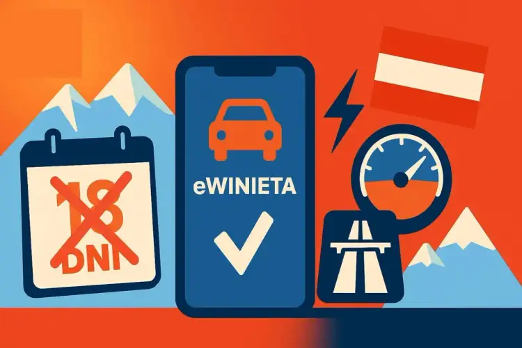 eWinieta: aplikacja na telefon z autem i ptaszkiem, kalendarz z przekreślonym 18 dniami, autostrada, prędkościomierz i flaga Austrii.