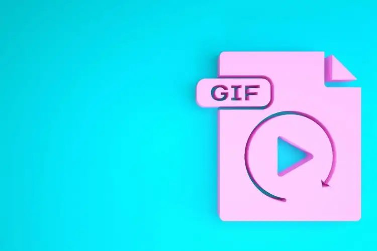 Różowy symbol pliku GIF z ikoną odtwarzania i strzałką wskazującą na pętlę. Dowiedz się, jak ściągnąć gify na telefon.