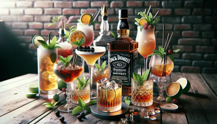 Butelka Jacka Danielsa i kilka drinków z nią. Jak pić Jacka Danielsa? Z lodem, limonką i miętą, albo w formie koktajlu.