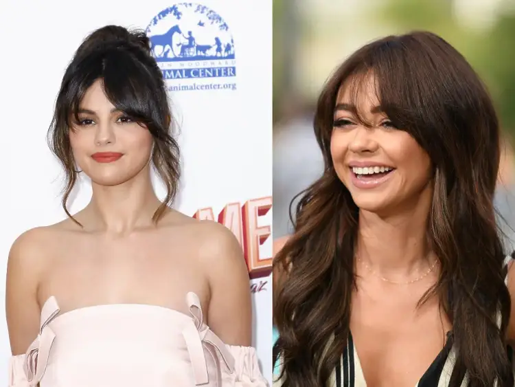 Selena Gomez i Sarah Hyland z grzywką wyszczuplającą twarz. Obie wyglądają olśniewająco.