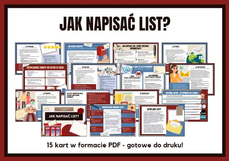 Zbiór 15 kart PDF z poradami, jak zacząć list, jak napisać list motywacyjny, prywatny i oficjalny.