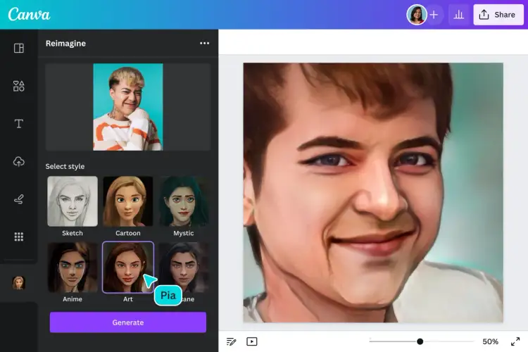 Przerabianie zdjęć AI za darmo w Canvie. Wybierz styl "Art" dla portretu.