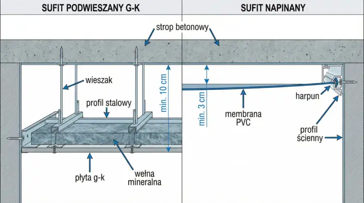 Schemat montażu sufitu podwieszanego z płyt g-k i wełny mineralnej obok sufitu napinanego z membraną PVC.