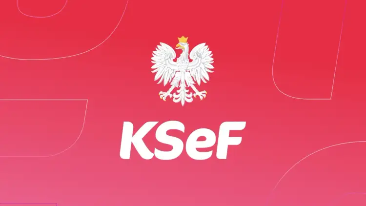 Biały orzeł na czerwonym tle z napisem KSeF.