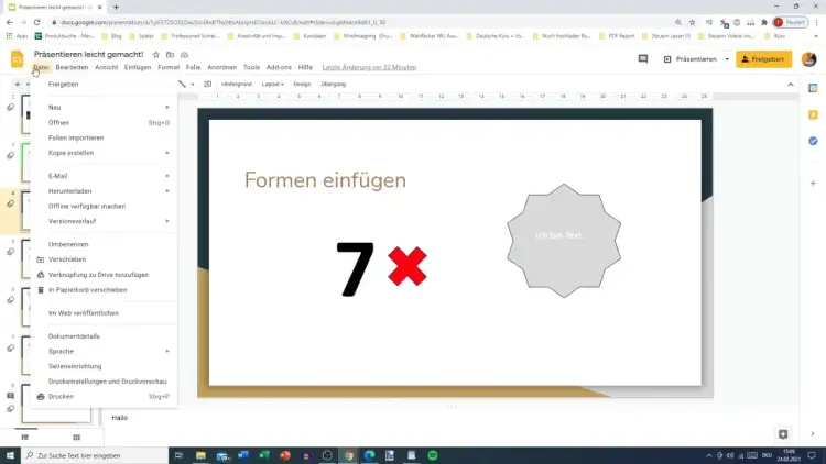 Menu "Plik" w prezentacji Google, pokazuje opcje jak wkleić link do prezentacji, np. przez "Udostępnij" lub "Wyślij e-mailem".