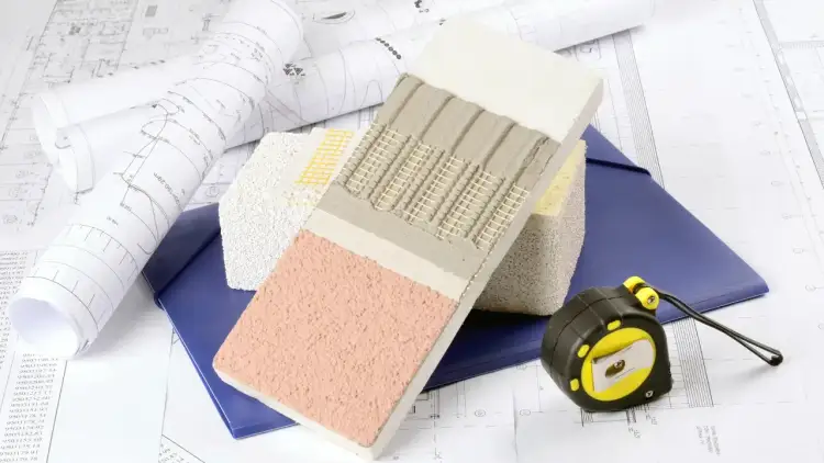 Próbki materiałów budowlanych, plany i miarka na tle dokumentacji technicznej.