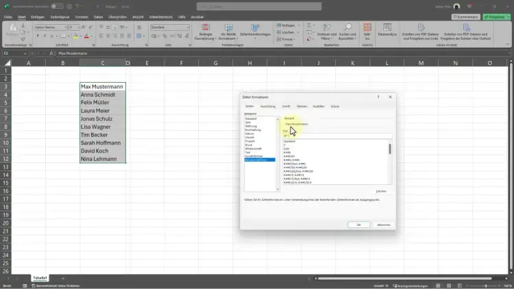 Arkusz kalkulacyjny Excel z listą imion i nazwisk oraz oknem formatowania komórek.