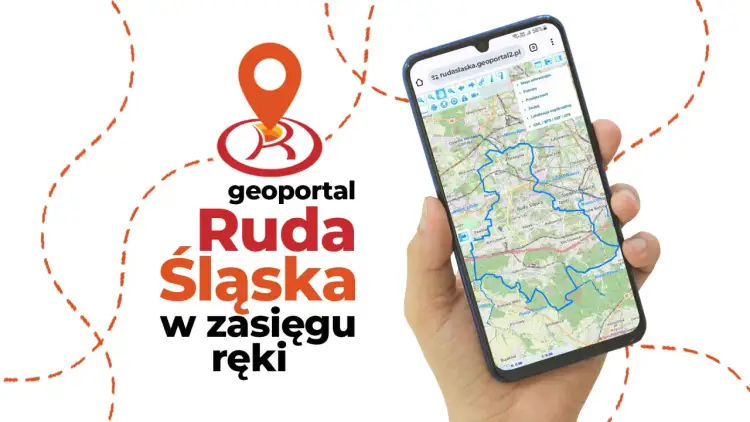 Geoportal Ruda Śląska w zasięgu ręki. Smartfon pokazuje mapę miasta z zaznaczonymi trasami.