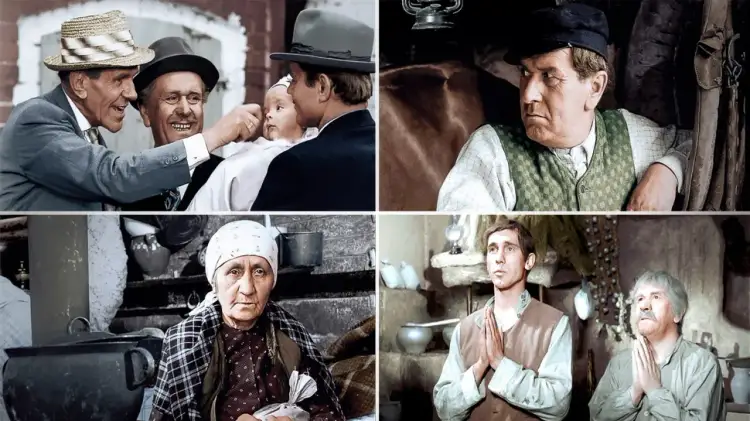 Czteroczęściowy kadr z filmu. W górnym lewym rogu dwaj mężczyźni cieszą się z dziecka, sugerując, ile pawlak miał dzieci.